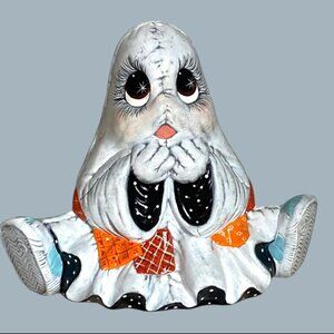 VTG Kimple Mold Ceramic Ghost Figurine Halloween Patchwork Big Eyes 10” Tall